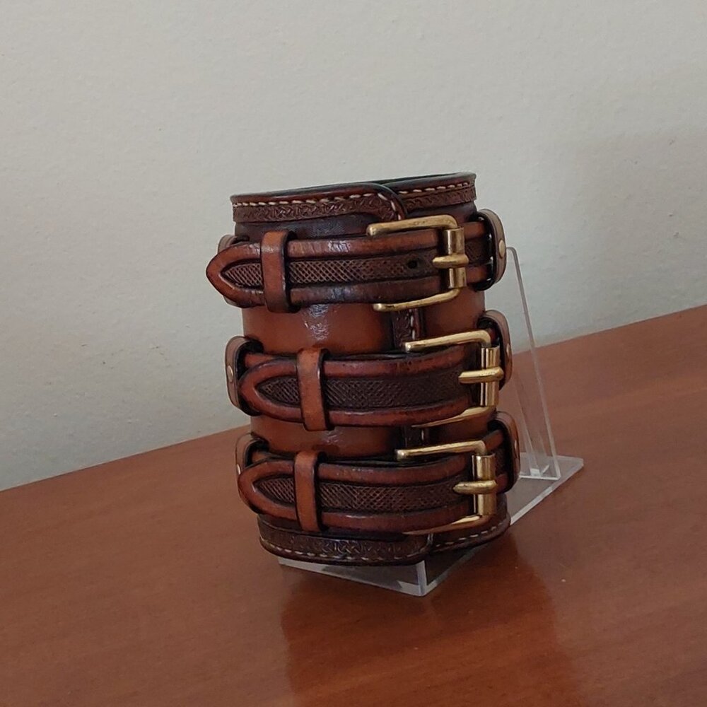 Hand tooled Wide Leather Cuff Bracelet with Triple Straps - Picture 10 of 12